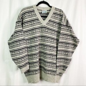 Bowen Knitwear New Zealand Wool Gray Black Geometric Stripe Vintage Sweater Lg